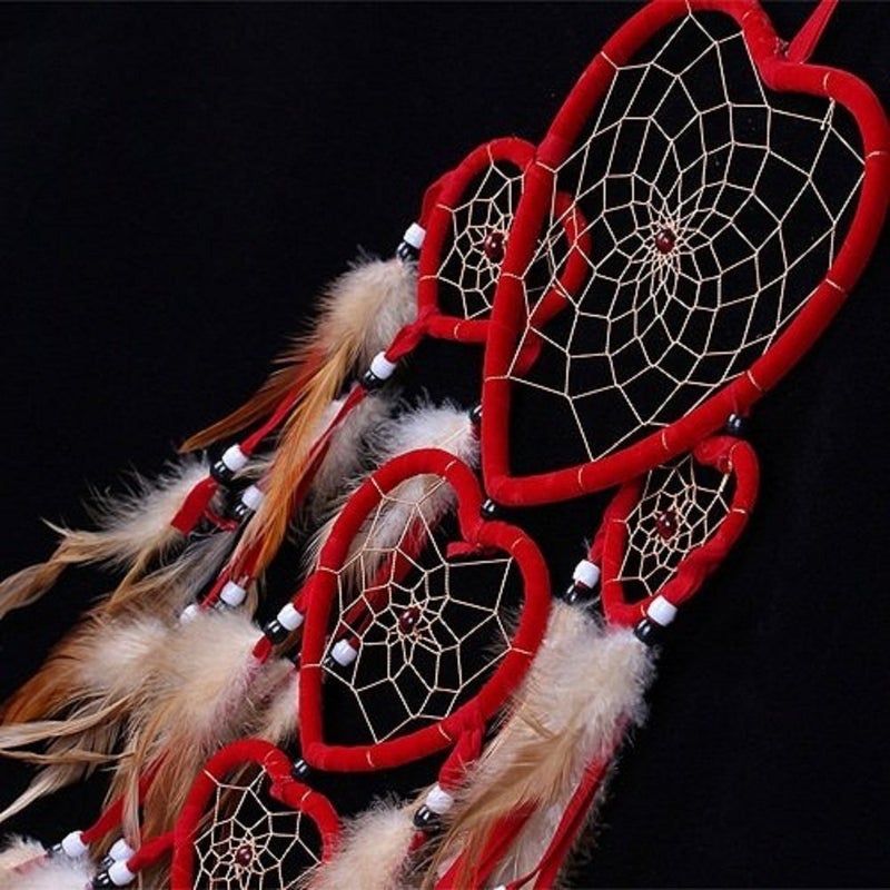 Yuyeran Heart Shaped Dream Catcher with Feathers Car Wall Hanging Decoration (Red) - Image 2